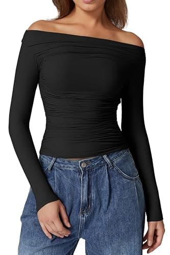 QINSEN Womens Off Shoulder Long Sleeve Tops Ruched Going Out Crop Slim Fitted Double Lined Shirts - Image 1