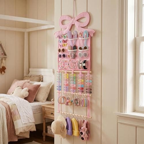 Ohmique Bow Organizer for Girls - Pink Bow Holder for Girls Hair Bows, Hair Clip Organizer Headband Storage Hanger Girl Headband Display Wall Mounted Accessories for Nursery Bedroom Girl Room thumbnail 7