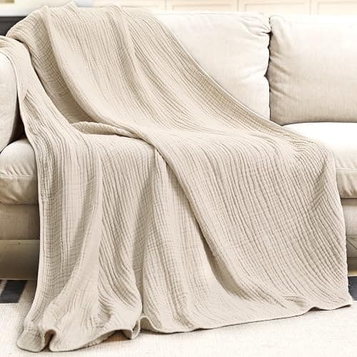 Yoofoss Muslin Blanket 100% Organic Cotton Throw Large 50" x 60" for Bed Couch Summer Gauze Blanket for Adults Lightweight and Breathable Apricot White thumbnail 5