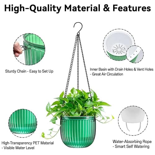 Halatool 2 Pack Self Watering Hanging Planters for Indoor Plants - 6.5 Inch Outdoor Hanging Flower Pots with 2 Metal Chains for Garden Home Wall Decor (Peacock Green) thumbnail 4