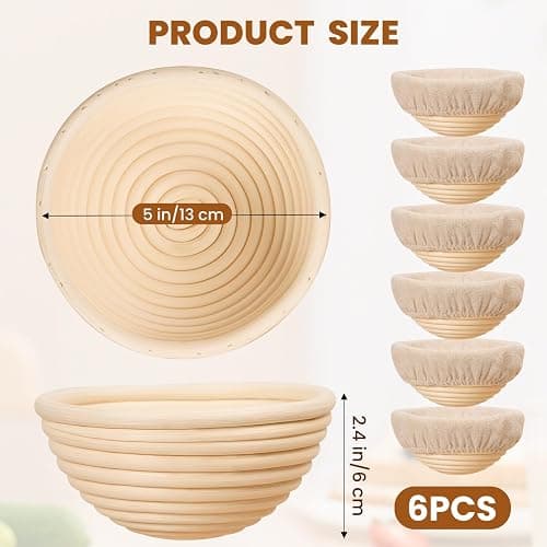 Kikcoin 6 Pack Banneton Bread Proofing Basket, 5 Inch Mini Banneton Basket | Round Sourdough Bread Baking Supplies, Small Banneton Basket Proofing Baskets for Sourdough Bread Baking thumbnail 3