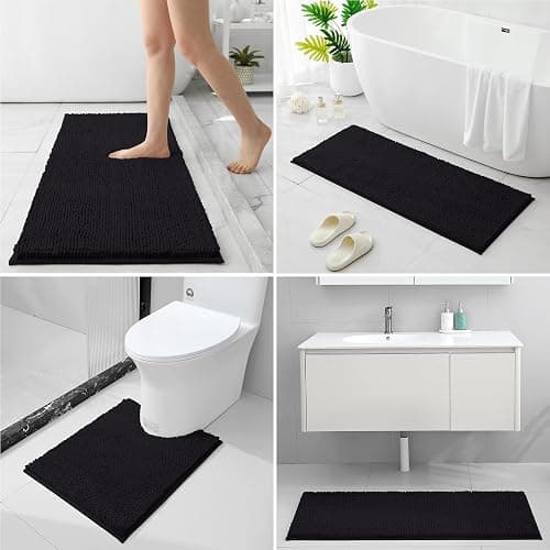 HOMEIDEAS 3 Pieces Bathroom Rugs, Extra Large Ultra Soft Non Slip Absorbent Chenille Toilet Bath Mat Set (Black) thumbnail 3