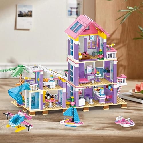 WINGIFT 955 Piece Beach House Building Set,Seaside Beach Villa Building Toys Friends Vacation Hut Blocks Set,STEM BuildingToys with Helicopter,Yacht,Sailboat,Christmas Birthday Gift for Girl Age 6-12+ thumbnail 9