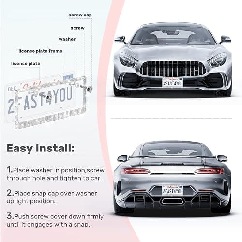 QUANQIUFEI 2 Pack Bling License Plate Frames, Sparkly Rhinestone Diamond Car License Plate Cover for Women, Stainless Steel Car Accessories with Glitter Crystal Caps (White) thumbnail 2