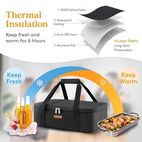 LUNCIA Insulated Casserole Carrier for Hot or Cold Food, Lasagna Lugger Tote for Potluck Parties/Picnic/Cookouts, Fits 9"×13" Baking Dish, Black thumbnail 3