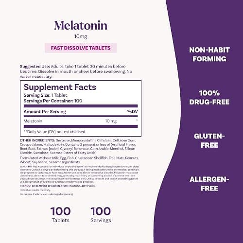 Natrol Melatonin 10 mg Fast Dissolve Tablets, Strawberry, 100 Count | Sleep Support for Adults, for Occasional Sleeplessness, No Water Needed, 100% Drug-Free, Non-Habit Forming thumbnail 5