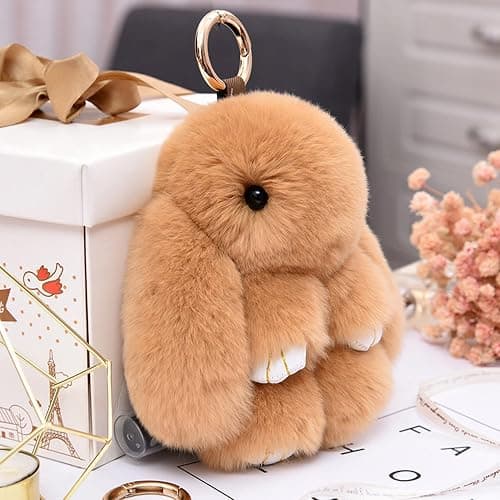 HXINFU Soft Cute Rabbit Fur Pom Pom Keychain Fluffy Real Rex Bunny Keychain Decoration thumbnail 2