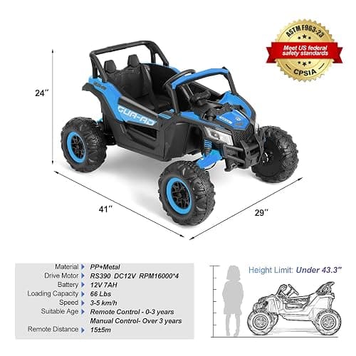 JOYLDIAS 4WD Ride On Car, 12V Battery Powered Electric Off-Road UTV for Kids, 4X4 Electric Vehicle with 4 Powerful Engines, 2.4G Remote Control, Music, Bluetooth, LED Lights for Boys and Girls, Blue thumbnail 2