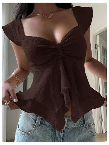 RoseSeek Women's Flowy Going Out Tank Top Sweetheart Neck Cap Sleeve Summer Ruffle Elegant Crop Tops thumbnail 2