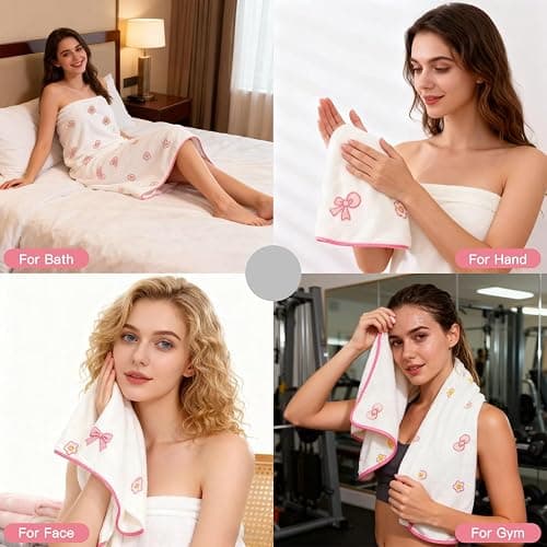Pink Bath Towels,Soft, Absorbent and Quick Drying Microfiber Bath Towels Set of 2 ，27.5x55 inch Bow Patterned Bath Towel and 13.7x29.5 inch Hand Towel, Suitable for bathrooms, Gyms, Swimming Pools thumbnail 7