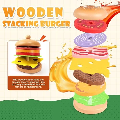 Wooden Hamburger Play Food Set for Kids, Fast Food Playset with Tray, Pretend Play Kitchen Accessories for Toddlers thumbnail 7