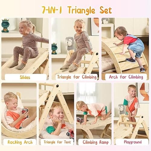 Yopnoyik Pikler Triangle Set with Cushion, 7 in 1 Toddler Climbing Toys Indoor, Montessori Foldable Climbing Set, Wooden Climbing Toys for Toddlers 1-3 Inside with Ramp, Arch and Ladder (Nature Wood) thumbnail 5