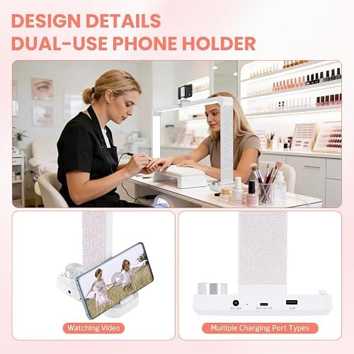 Haosegd Half Moon Light for Nail Desk, 34“ Large Square Nail Lamp for Desk with Phone Holder, Professional Manicurist Desktop Lamp, LED Light Suitable for Manicures, Tattoos, White with Rhinestones thumbnail 5