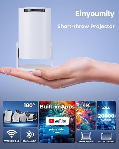 [Built-in Apps & 2026 Upgraded] Mini Projector 4K 1080P Support | 20000 Lumens Portable Projector with Android 14, Auto Keystone, WiFi 6, Bluetooth 5.4, Rotatable 180° for Bedroom/Indoor thumbnail 3