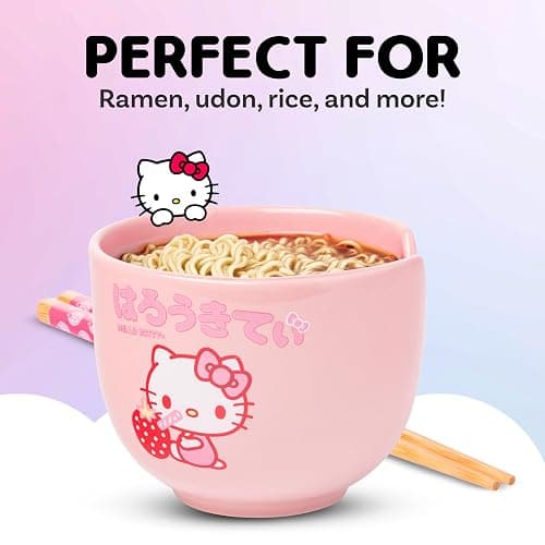 Silver Buffalo Sanrio Hello Kitty Strawberry Milk Japanese Character Ceramic Ramen Noodle Rice Bowl with Chopsticks, Microwave Safe, Pink, 20 Ounces thumbnail 5