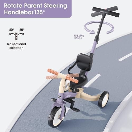 newyoo Toddler Tricycle with Push Handle for 1-3 Year Old, Toddler Bike, Birthday Toy for Boys and Girls, 5 in 1 Kids Trike, Balance Bike with Backrest and Safety Belt, Purple, TR007 | Toddler Trike with Push Handle Lets Parents Steer and Converts to Balance Bike, Fun Outdoor Toy for Boys and Girls, Purple thumbnail 6