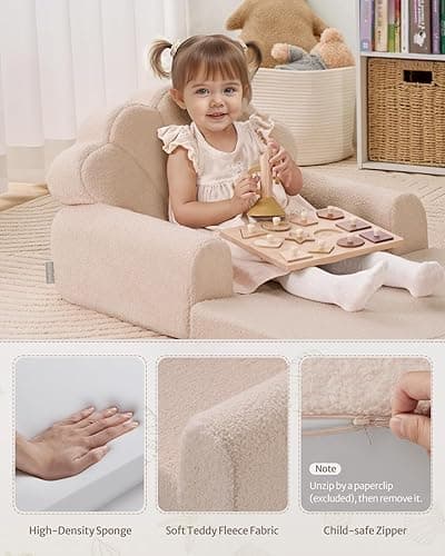 Blissful Diary Kids Couch, 2-in-1 Soft Toddler Couch Fold Out, Toddler Chair Comfy, Convertible Sofa to Lounger, Kids Furniture for Playroom, Gift for Birthday, Children's Day, Beige Shell thumbnail 6