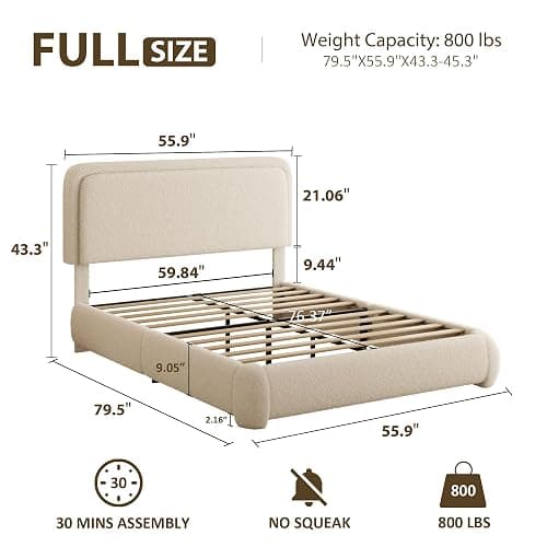Konprosp Full Bed Frame, Teddy Velvet Boucle Bed Frame with 43.3"/45.3" Adjustable Upholstered Headboard, Rounded Corners, Mattress Foundation, No Box Spring Required, Beige thumbnail 2