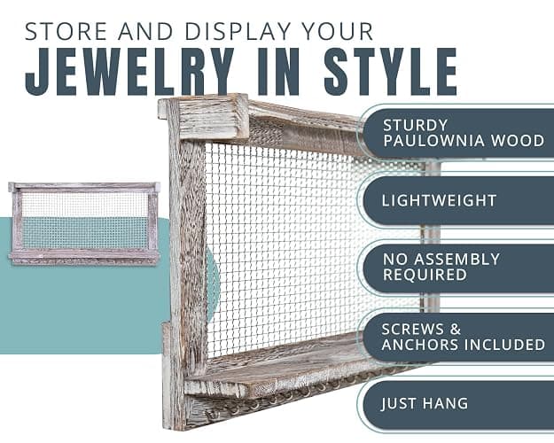 Comfify Rustic Jewelry Organizer – Wall Mounted Jewelry Holder w/Removable Bracelet Rod, Shelf & 16 Hooks – Perfect Earrings, Necklaces & Bracelets Holder – Rustic White thumbnail 3
