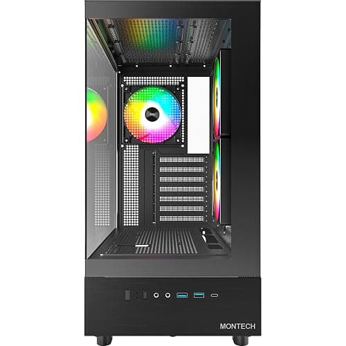 MONTECH XR-B, ATX Mid-Tower PC Gaming Case, 3x120mm ARGB PWM Fans Pre-Installed, Full-View Dual Tempered Glass Panel, Wood-Grain Design I/O Interface, Support 4090 GPUs, 360mm Radiator Support, Black thumbnail 2