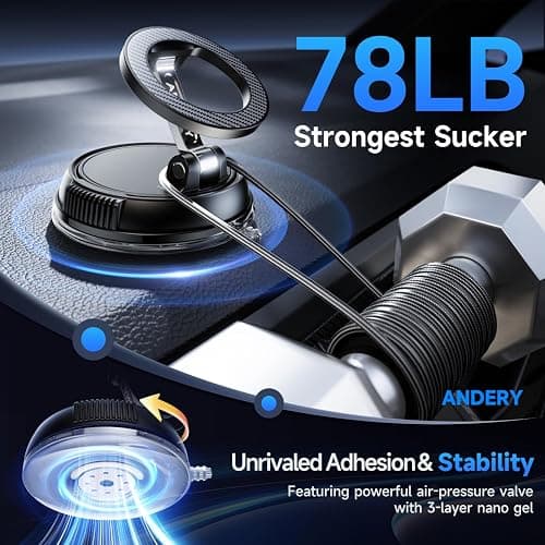 ANDERY Car Phone Holder for Magsafe [78+LBS Max Suction & 2400gf Magnetic] | 360° Adjustable Car Phone Mount, Phone Holders for Your Car for iPhone 17 Pro Max 16 15 14 13 12 Plus Air, Carbon Fiber thumbnail 3
