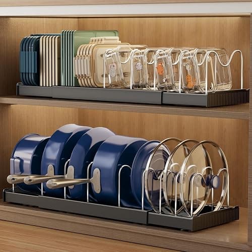 Magheo 2 Pack Expandable Food Storage Container Lid Organizers, 22" Pots and Pans Organizer Under Cabinet with 9 Adjustable Dividers Pot and Pan Lid Holders Rack Inside Cabinet(Black) - Image 1