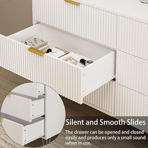 BAZELOR White 6 Drawer Dresser with Golden Handle, Fluted Wood Dressers, Modern Chest for Bedroom, Living Room, Hallway, Entryway thumbnail 7