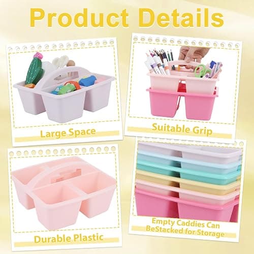 6 Pack Assorted Colors Classrooms Caddy 4 Compartment Classroom Caddy Compartment Caddies Set Table Caddies Classrooms with Handle for Classroom Organization Table Desk Office Supplies(Pink Purple) thumbnail 4