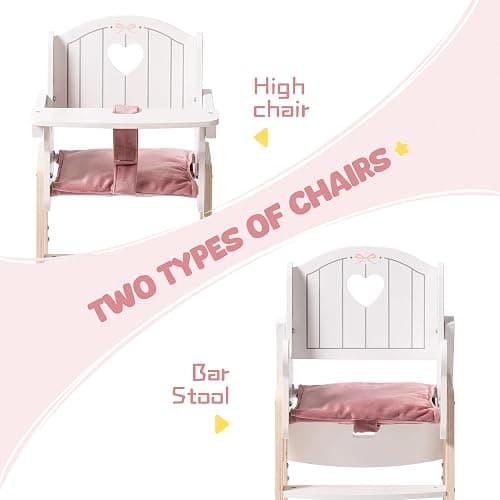 ROBUD Play High Chair, Pretend Play High Chair | with Cushion, Movable Table, Wooden Baby Doll Accessories, Fits 18-20 Inch Dolls, White thumbnail 5