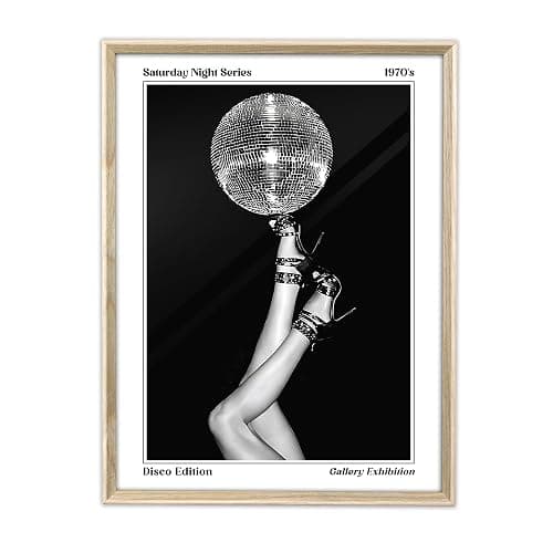 iHery 12x16in Natural Dimensional OAK Wood Trendy Disco Ball Retro Framed Wall Art, Modern Aesthetic 70s Canvas Wall Decor For Girly Dorm Bedroom Bathroom Living Room 1Pack - Image 1