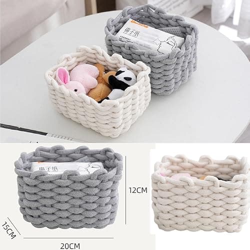 2er Set Aufbewahrungskorb Geflochten Baumwolle Strickkorb, Korb Aufbewahrung Klein Körbchen Wickeltisch Organizer, Dekorative Quadratische Speicher Regalkörbe Für Schminke Socken Spielzeug (Weiß) thumbnail 3