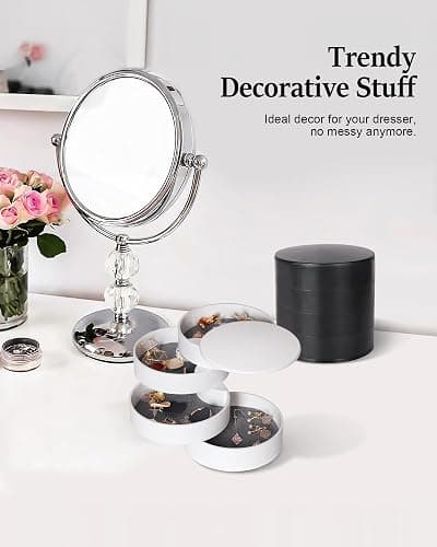 CONBOLA Jewelry Organizer, Small Jewelry Storage Box Earring Holder for Women, 5-Layer Rotating Travel Jewelry Tray Case with Lid for Bracelets Rings Bracelets, Gift for Women Teen Girls(White) thumbnail 3