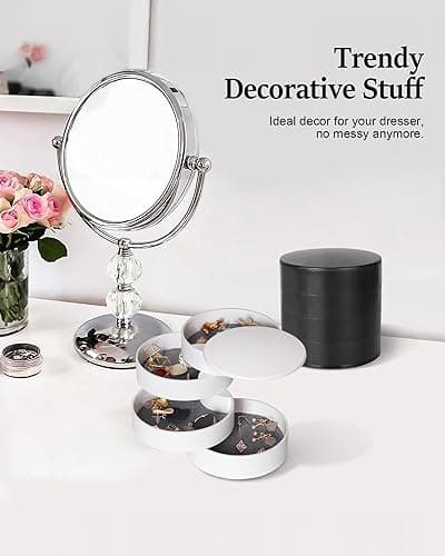 CONBOLA Jewelry Organizer, Small Jewelry Storage Box Earring Holder for Women, 5-Layer Rotating Travel Jewelry Tray Case with Lid for Bracelets Rings Bracelets, Gift for Women Teen Girls(White) - White thumbnail 3