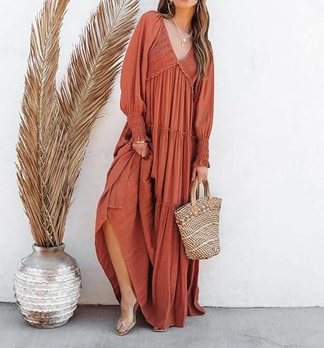 R.Vivimos Maxi Dress for Women Long Sleeve V Neck Empire Waist Layered Ruffle Boho Casual Flowy Long Dresses thumbnail 5