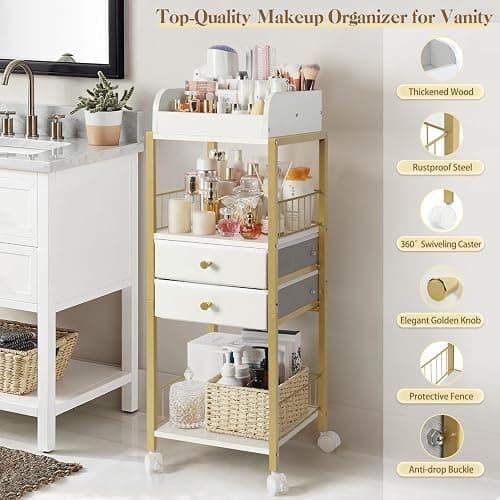 Makeup Organizer, Floor Skincare Organizers Make Up Organizers and Storage with Drawers, Vanity Organizer Cosmetics Display Cases Holder for Skin Care Nail Polish Perfume Gold thumbnail 6