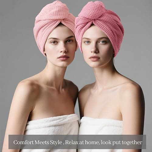 ROLSHOL 2 Pack Microfiber Hair Towel Wrap for Women, 32" x 11" Waffle Weave Hair Plopping Towel for Curly, Long & Thick Hair, Anti-Frizz Hair Turbans for Wet Hair (Light Pink,Coral Pink) thumbnail 2