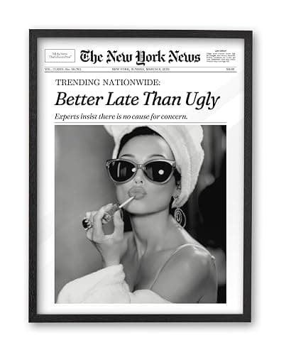 iHery Small Premium Natural Black OAK Wood 8x10in Audrey Hepburn Trendy Framed Wall Art, Vintage Funny Better Late Than Ugly Canvas Bathroom Wall Decor Essential,Girly Dorm Bedroom Living Room 1Pack - Image 1
