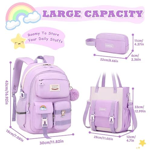 MUSEVOS Kawaii Girls Backpack for School with Convertible Shoulder Tote Bag，Cute Teenage Multiple Pockets Backpack for Primary Elementary High School, Purple 3 Pcs Set thumbnail 2