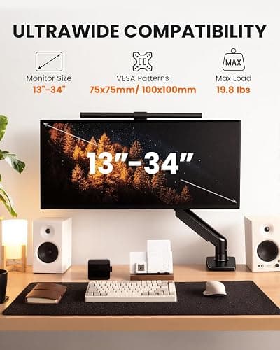 ErGear Single Monitor Arm, Fully Adjustable Monitor Mount for 13–34 Inch Screens, Fast Install Computer Monitor Stand with Tool-Free VESA Mount, Cable Management, Holds 19.8 lbs, Max VESA 100x100mm thumbnail 2