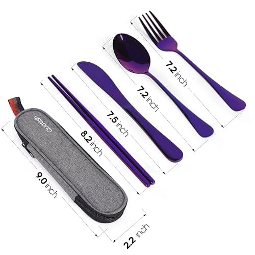Travel Utensils with Case, Quatish Portable Silverware Set for Work, Stainless Steel Reusable Travel Cutlery Set, Fork and Spoon Set for Camping, EDC Gadgets, Lunch Box for Men, Purple thumbnail 3
