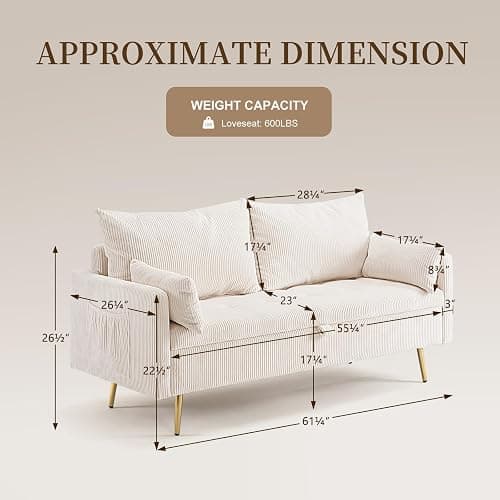 Furnimart 2-Seater Storage Loveseat Sofa for Small Spaces, 62“ Corduroy Small Couch with Removable Cushion Cover and Gold Leg for Bedroom, Apartment, Tiny Homes and Lofts, Beige thumbnail 2