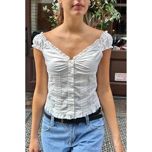 Women's Summer Button Down Crop Tops Cap Sleeve Y2k Slim Fitted Shirts Babydoll Coquette Tops Blouse thumbnail 2