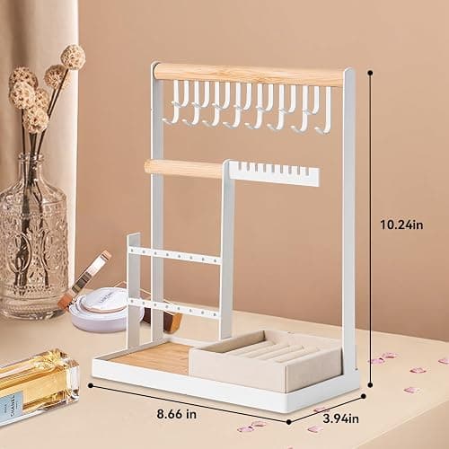 DreamGenius Jewelry Organizer Stand with Velvet Ring Holder, 4 Tier Jewelry Holder Organizer with 15 Hooks for Necklaces and 16 Holes for Earrings, White thumbnail 3