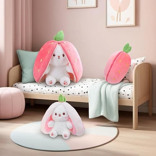 MIAODAM Bunny Stuffed Animal Reversible Cuddle Bunny Stuffed,Christmas Strawberry Bunny Transformed Rabbit Plush Zipper,Turns Into Ears Bunnies Plushies Toy Cute Stuffy Doll Easter Girlfriend Gift thumbnail 2