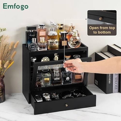 Emfogo Cologne Organizer for Men, Solid Wood Perfumes Organizer for Men Dresser, Large Capacity Dustproof Cologne Holder with Drawer Storage Perfume Stand Organizer, Ideal Gift for Loved ones thumbnail 3