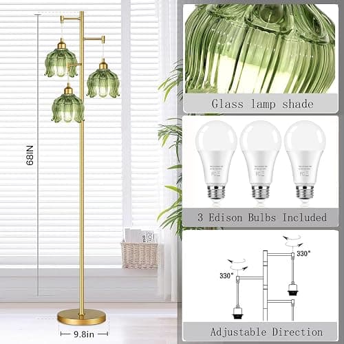 Vintage Floor Lamps for Living Room Bedroom-3 Light Glass Floor Lamp with Three Led Bulb, Flower Tall Floor Lamp Gold Mid Century Modern Standing Lamp Tree Floor Lamps for Living Room Bedroom Corner thumbnail 4