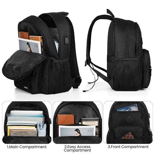 Black Backpack for Men and Women, Backpack for School Teens Boys and Girls, Lightweight Casual High School Bookbag, Daily-use Travel Laptop Backpack with USB Charging Port Fits 15.6 Inch Notebook thumbnail 3