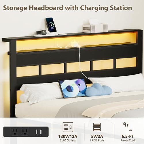 Furnulem Full Size Bed Frame with LED Light and Charging Station, Wood Storage Headboard with 2-Tier Shelves, Metal Platform Bed with Heavy Duty Slats Support, No Box Spring Needed, Black Oak thumbnail 7