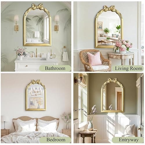 iyabat 36x24 Arched Gold Bow Wall Mirror, Vintage Vanity Mirror for Bathroom & Bedroom Decor, Antique French Style Engineered Wood Frame with Ribbon Knot, Cute Coquette Aesthetic thumbnail 4