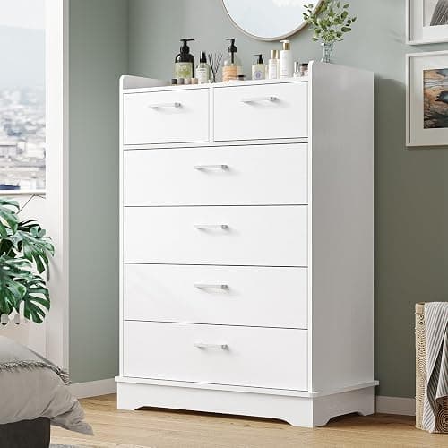 Hasuit White 6 Drawer Dresser, Wooden Storage Chest of 6 Drawers, Vertical Large Capacity Clothing Storage Organizer, Tall Dressers for Bedroom, Hallway, Entryway - Image 1